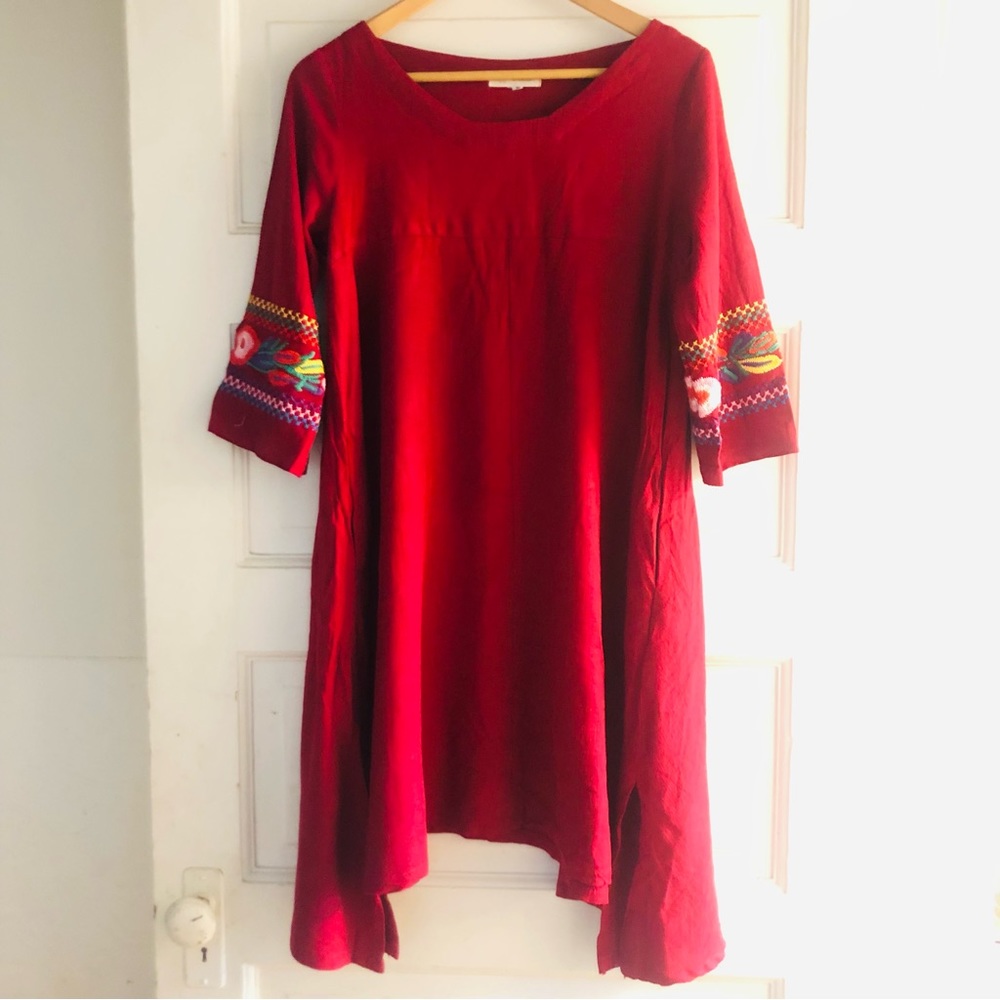 Rich red linen tunic with hand embroidery. Flowy and flattering.